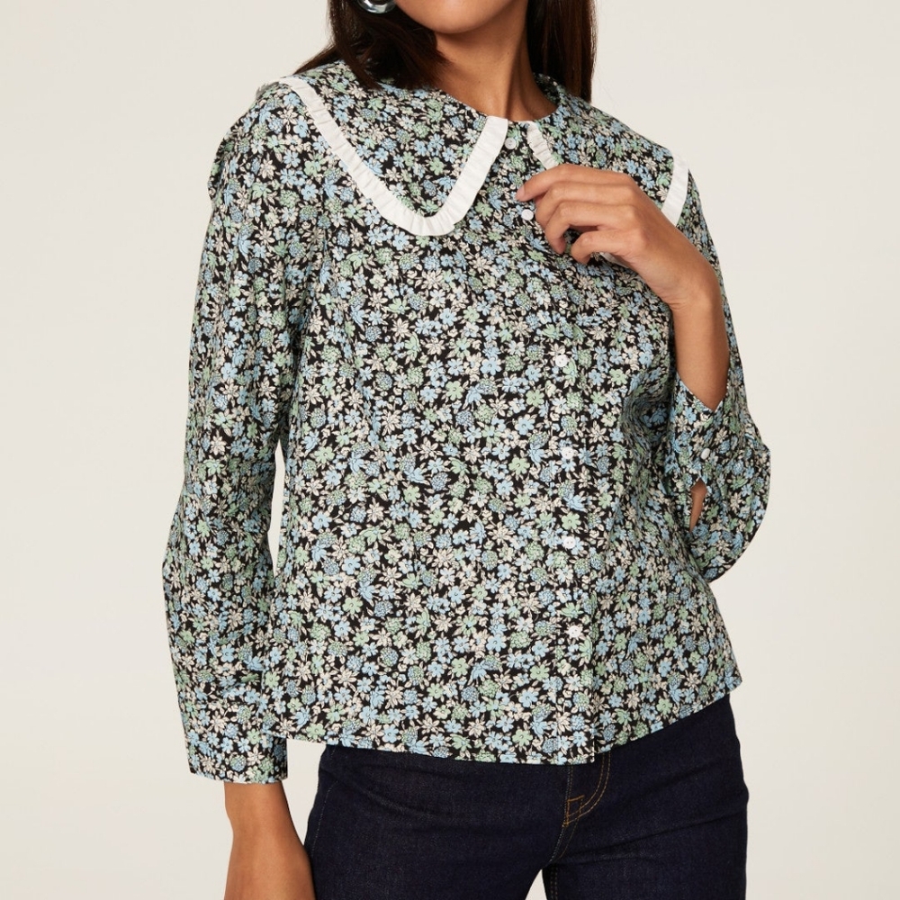 Maje City Peter Pan Collared Floral Ruffle Top Women's 2 Cotton Long Sleeve EUC
